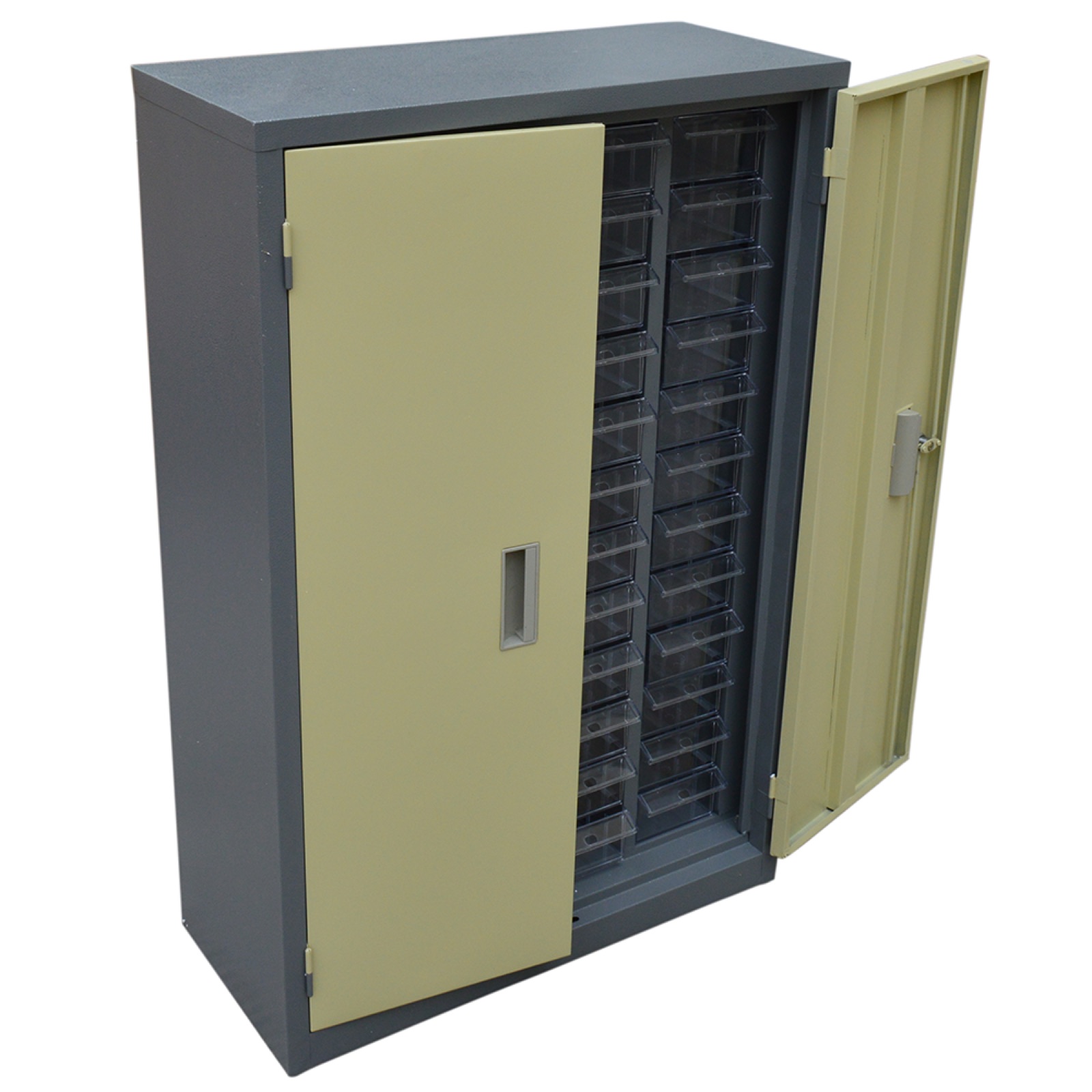 Plastic parts cabinet with organized drawers